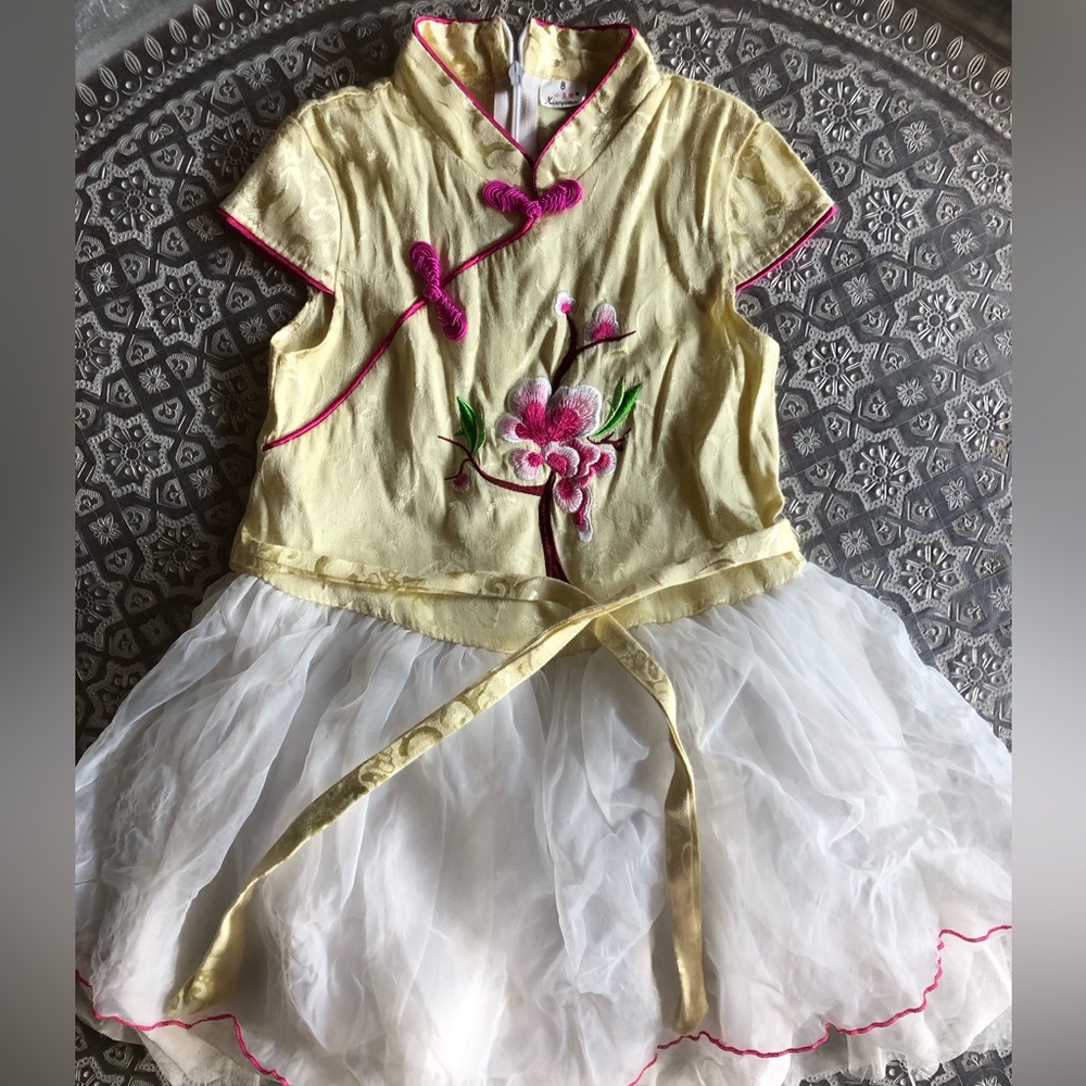 Chinese style tutu yellow white dress floral embroidered